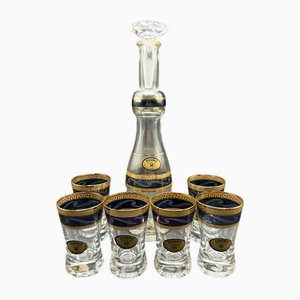 Vintage Vodka Set with Carafe and Six Decorated Glasses, Set of 8