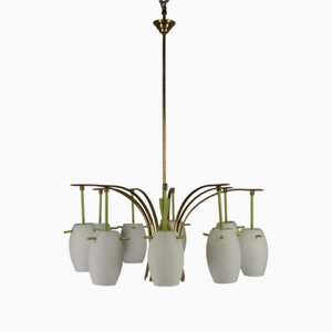 Lustre Mid-Century à 9 Bras en Laiton avec Laque Verte et Verre Opalin, Italie, 1950s