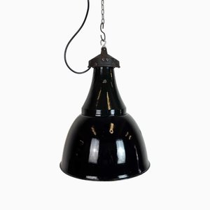 Industrielle Bauhaus Hängelampe aus Schwarzer Emaille, 1930er