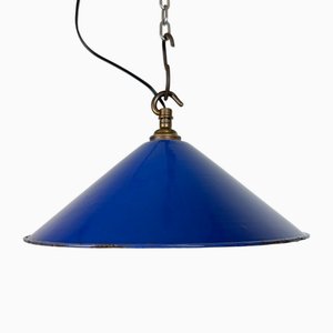 Industrielle blaue Emaille Fabrik Hängelampe, 1950er