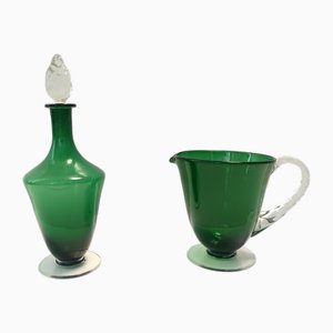 Brocca da vino e acqua in vetro soffiato verde, Empoli, anni '50, set di 2