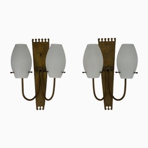 Brass and Opaline Sconces in the style of Stilnovo, Italy, 1950s, Set of 2