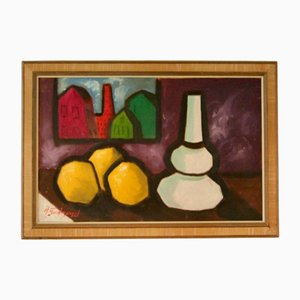 H. Gudmund, Bodegón de estilo cubista, años 50, óleo sobre tabla, enmarcado