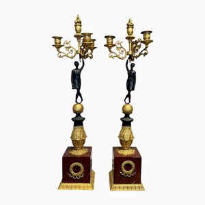 Early 19th Century Empire Gilt and Patinated Bronze Candleholders, Set of 2