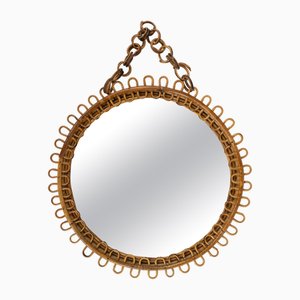 Midcentury Modern Rattan and Bamboo Round Wall Mirror by Franco Albini, 1960s