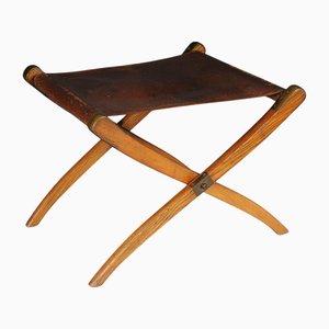 Vintage Art Nouveau Folding Stool with Leather, 1910s