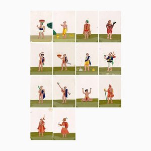 Indian Company School Artist, Wandering Ascetics, 19th Century, Mica Paintings, Set of 14