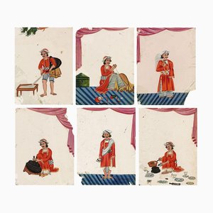 Artista escolar de la compañía india, oficios y ocupaciones, siglo XIX, pinturas de mica. Juego de 6