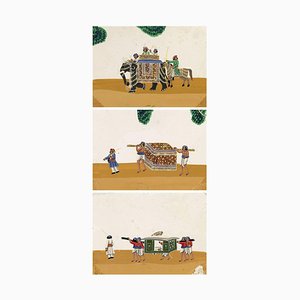 Indian Company School Artist, Palanquins & Carriages, 19ème Siècle, Mica Paintings, Set de 3