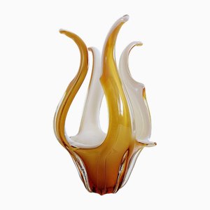 Murano Glass Vase Centerpiece in Amber and Opal White Glass, Italy, 1960s
