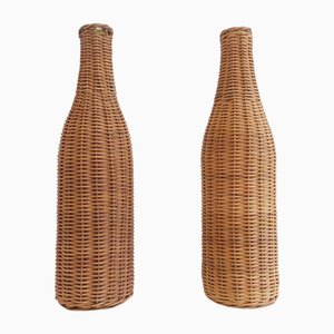 Rustic French Wicker Covering Glass Bottles, Set of 2