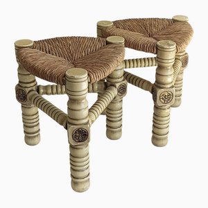 Mid-Century Modern Brutalist Stools in Wood and Natural Fiber, 1960s, Set of 2