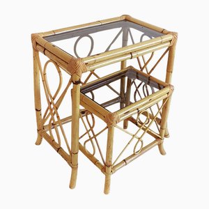 Französische Riviera Satztische mit Akzenten aus Bambus & Rattan, Spanien, 1960er, 2er Set