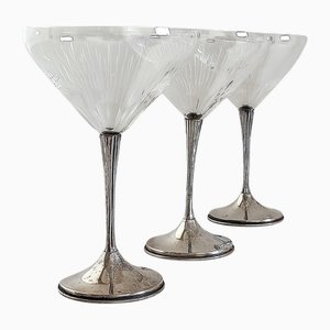 Vasos de champán Art Déco de plata esterlina y cristal tallado, años 30. Juego de 3