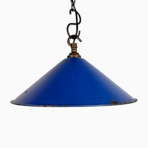 Industrielle blaue Emaille Fabrik Hängelampe, 1950er