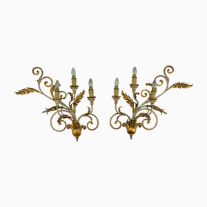 Large Floral Wall Lamps in Gilded and Lacquered Metal, 1960s, Set of 2