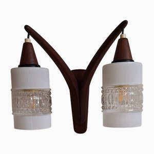 Vintage Danish Wall Lamp with Teak Frame and Two White-Clear Patterned Glass Shades, 1970s