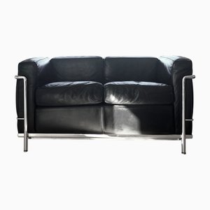 LC2 Two-Seater Sofa in Black Leather by Le Corbusier for Cassina, 2006