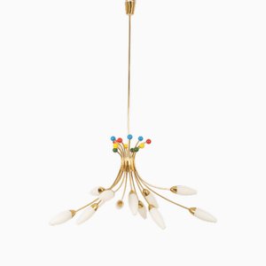 Mid-Century Brass Opaline Glass Chandelier by Rupert Nikoll, 1955