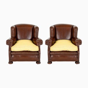 Juego de sillones Club victorianos de cuero, década de 1890