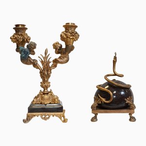 French Regency Centerpiece Candelabras with Marble Gilt