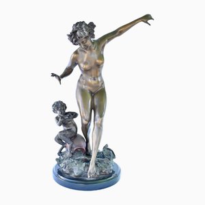 French Antique Bronze Pan and Nymph Nude Female by Moreau