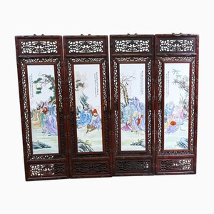 Chinese Porcelain Plaques with Hand Painted Hardwood Frame, 1930, Set of 4