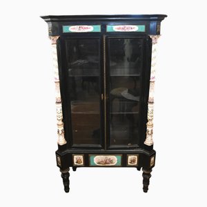 Victorian Ebonized Display Cabinet Painted Porcelain, 1840