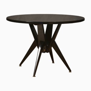 Mesa de comedor Mid-Century redonda de madera de vidrio negro y latón, 1950