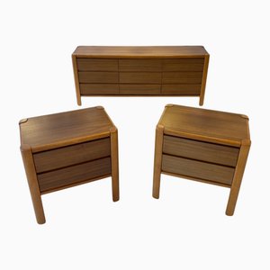 Mesitas de noche y cajonera Melbourne Mid-Century modernas de nogal y tejo de JT Kalmar, 1970. Juego de 3