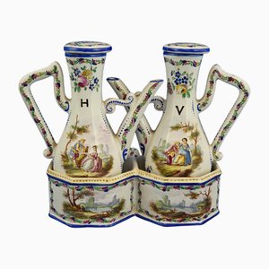 Antique Rococo Ceramic Oil and Vinegar Set by Veuve Perrin, 1700s, Set of 3