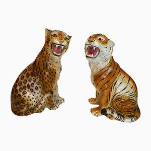Large Avant-Garde Italian Ceramic Sculptures of Leopard and Tiger, 1980, Set of 2