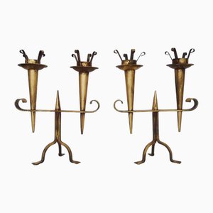 Vintage French Gold Wrought Iron Candleholders, 1960s, Set of 2