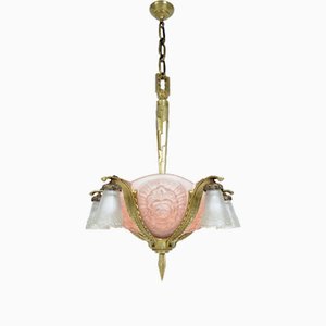 Vintage French Art Deco Brass Glass Chandelier, 1930s