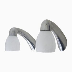 Vintage Wall Lights in Aluminum and Opal Glass, 1980s, Set of 2