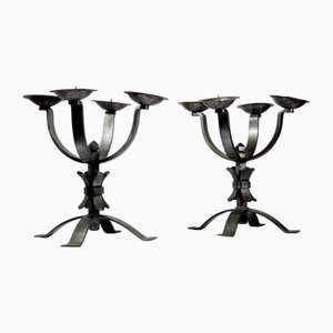 Vintage Brutalist Four-Light Candlesticks in Wrought Iron, Set of 2