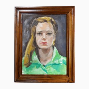Portrait of Woman in Green, 1990s, Oil on Canvas, Framed
