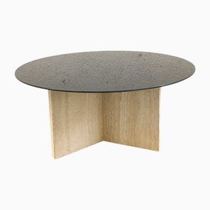 Travertine and Black Tinted Glass Coffee Table, 1970s