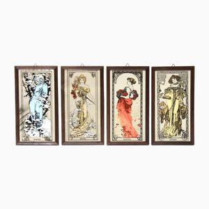 Stained Framed Glass Mirrors with The Four Seasons by Mucha, 1970s, Set of 4