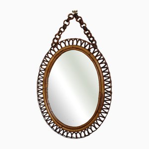 Miroir Mural Vintage en Rotin avec Chaîne de Suspension, Italie, 1960s
