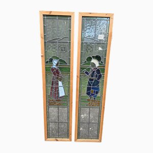 Antique Leaded Glass Window with Dutch Boy and Girl Design, 1930