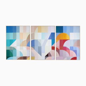 Natalia Roman, Green to Indigo Staircase Triptych, 2025, Acrylic on Watercolor Paper