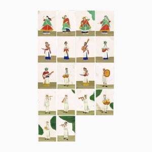Indian Company School Artist, Musicians & Dancing Girls, 19th Century, Gouache on Transparent Mica, Set of 18