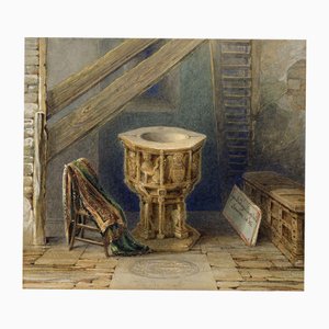 George Sidney Shepherd NWS, Capriccio mit Horham Church Font, Suffolk, 1836, Aquarell