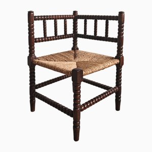 Antique French Provincial Carved Oak Bobbin Rush Corner Chair, France, 1910s