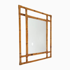 Very Large Vintage Mirror with Geometric Decor in Bamboo Cane and Rattan, Italy, 1970s