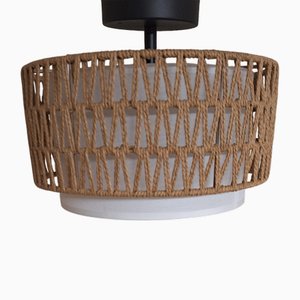 Vintage Deckenlampe mit weißem Stoffschirm, Kunststoffschirm und hellbraunem Sisalschirm