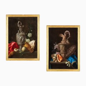 Meiffren Conte o Comte, Natura morta con brocche e conchiglia, Olio su tela, XVII secolo, Con cornice, set di 2