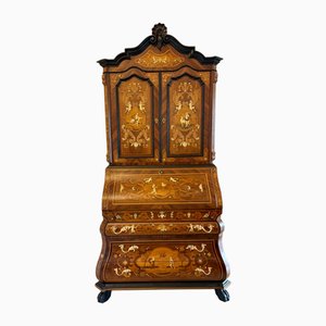 Antique Italian Marquetry Inlaid Burr Walnut Bureau Bookcase, 1920