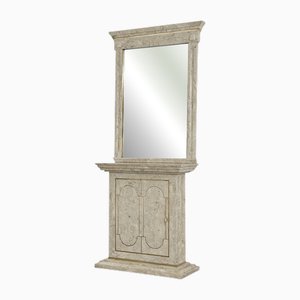 Console Table and Mirror in Travertine Marquetry and Brass, 1970s, Set of 2